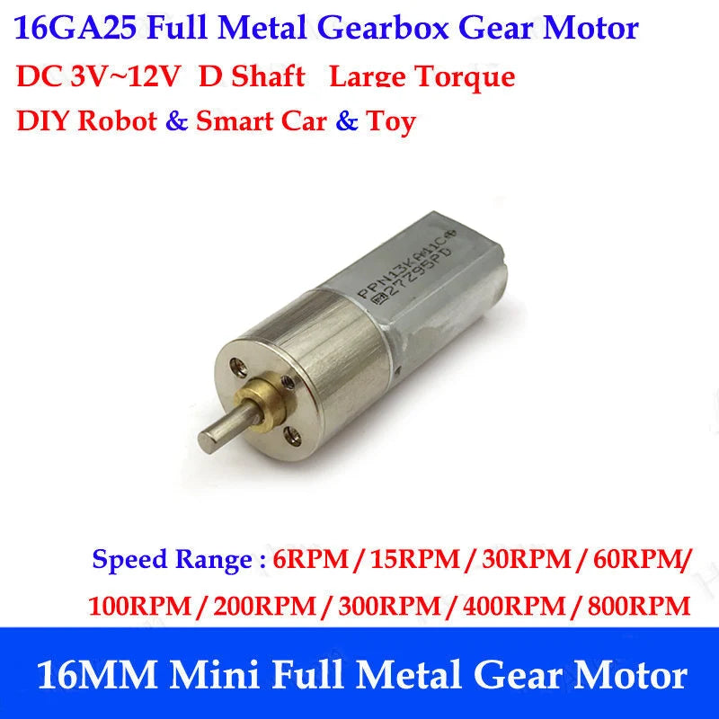 Custom Precious 16mm Full Metal Gearbox Gear Motor DC 12V 6RPM-1200RPM Slow Speed D-axis Large Torque DIY Robot Smart Car Boat Models Manufacturer