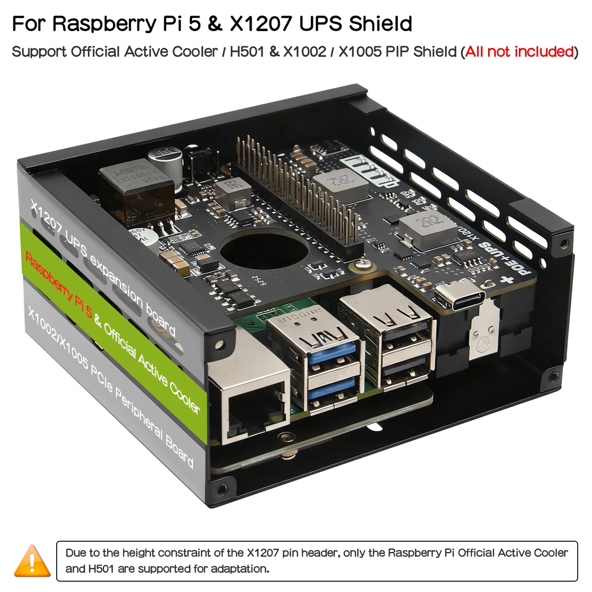 X1207-C1 Metal Case Compatible with X1207 / X1208 UPS HAT & Raspberry Pi 5 & Official Cooler