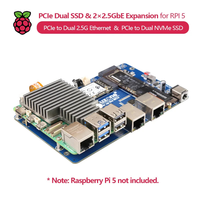 (Model MPSD2.5GD) Raspberry Pi 5 PCIe to Dual NVMe SSD Dual 2.5G Ethernet Expansion Board BOOTS Without Driver Required