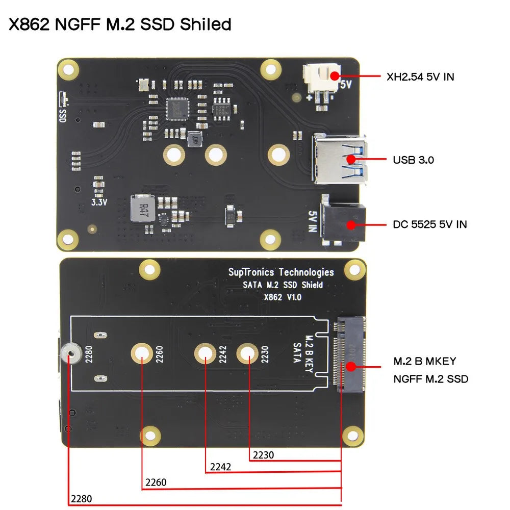 Custom Raspberry Pi X862 V1.0 M.2 NGFF 2280 SATA SSD Storage Expansion Board / Shield for Raspberry Pi 4 Model B Manufacturer