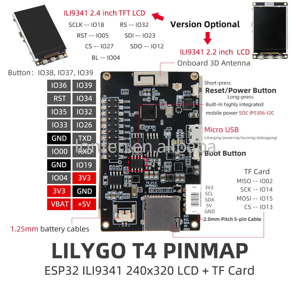 Custom TTGO T4 V1.3 ILI9341 2.4 inch LCD Display Backlight Adjustment ESP32 Development Board WIFI Wireless BT Module Manufacturer