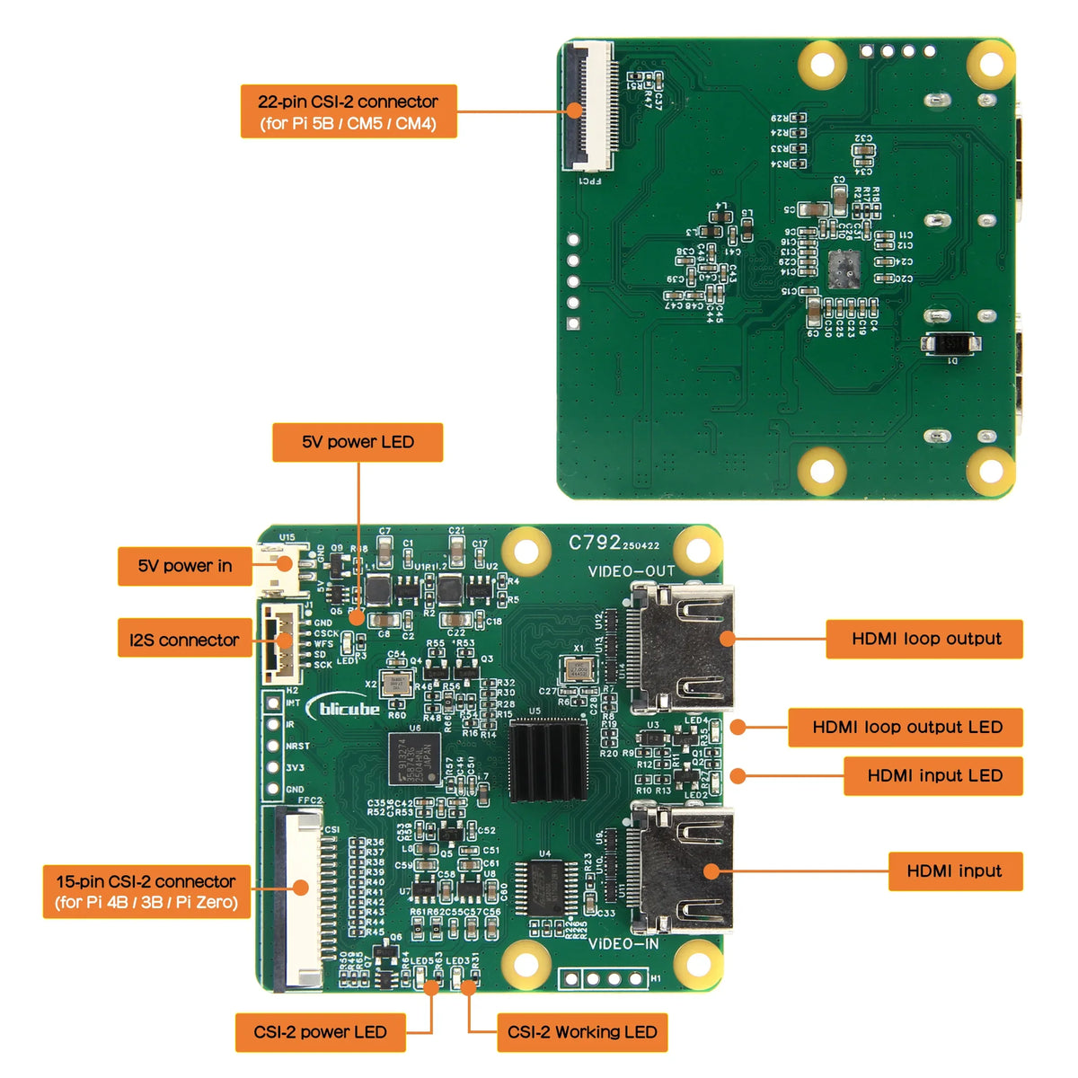 C792 HD to CSI-2 Converter Module with HD Loop Out Supports I2S Audio Output for Raspberry Pi 5B/4B//3B/Zero/CM5/CM