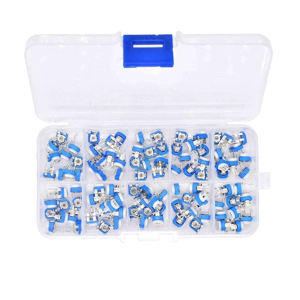 Custom Wholesale 100Pcs/Box RM065 Carbon Film Horizontal Trimpot Potentiometer Assortment Kit 10 Values Variable Resistor 500R - 1M Manufacturer