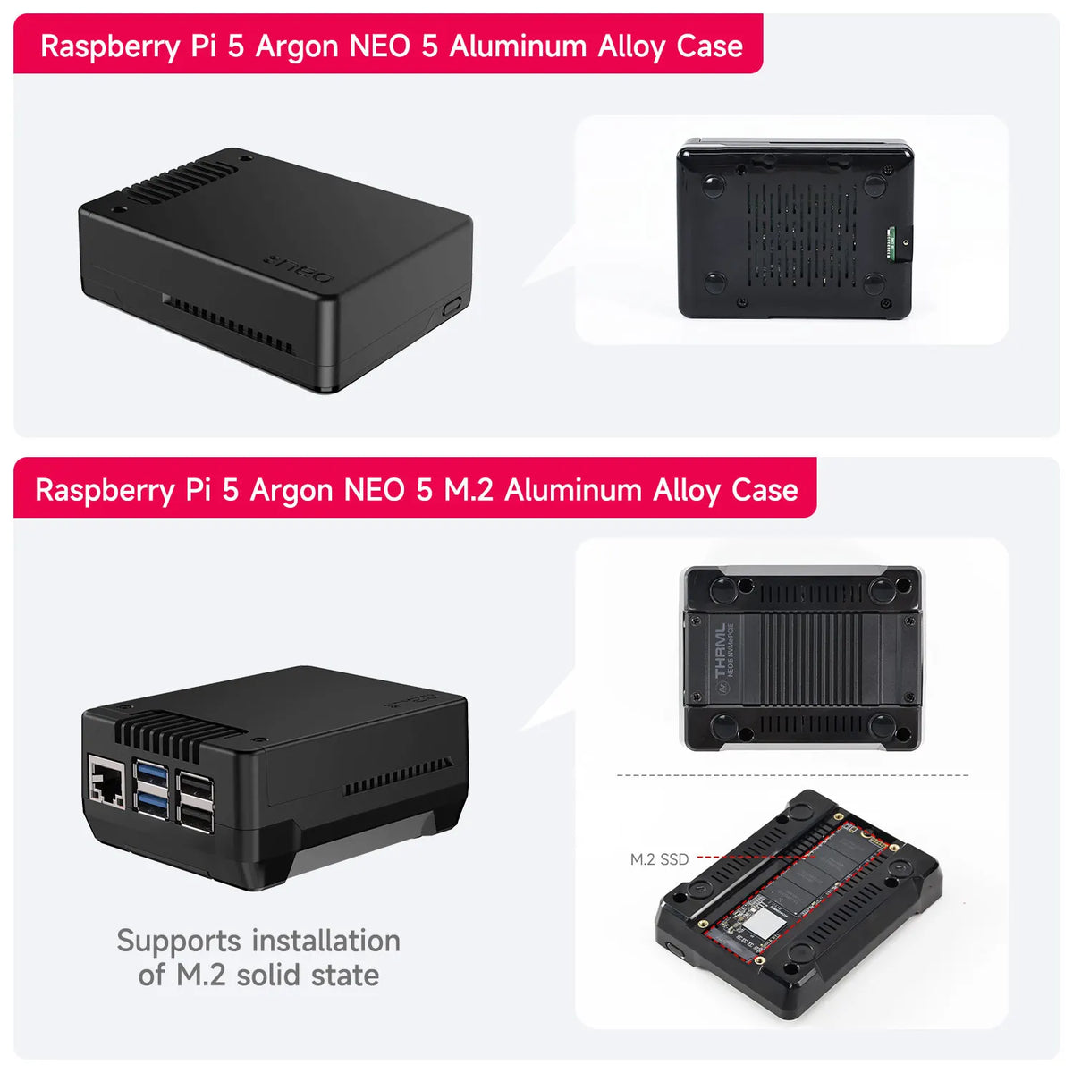 Raspberry Pi 5 Argon NEO 5 Aluminum Case Built-in PWM Fan Side Exhaust Vent Cooling Shell M.2 Support Solid State