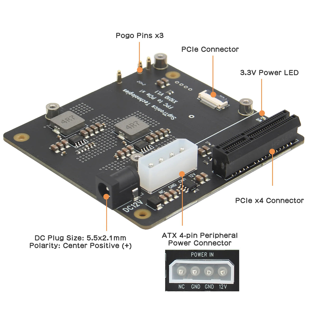 Custom  X1010 V1.1 PCIe FFC Connector to Standard PCIe x4 slot Expansion Board for Raspberry Pi 5
