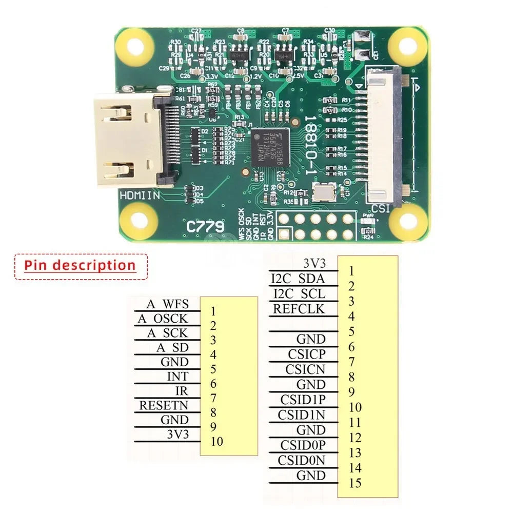 Hd to CSI-2 Adapter Board C779 with 15 pin FFC cable for Raspberry Pi 5B/4B/3B+/3B/2B/Zero