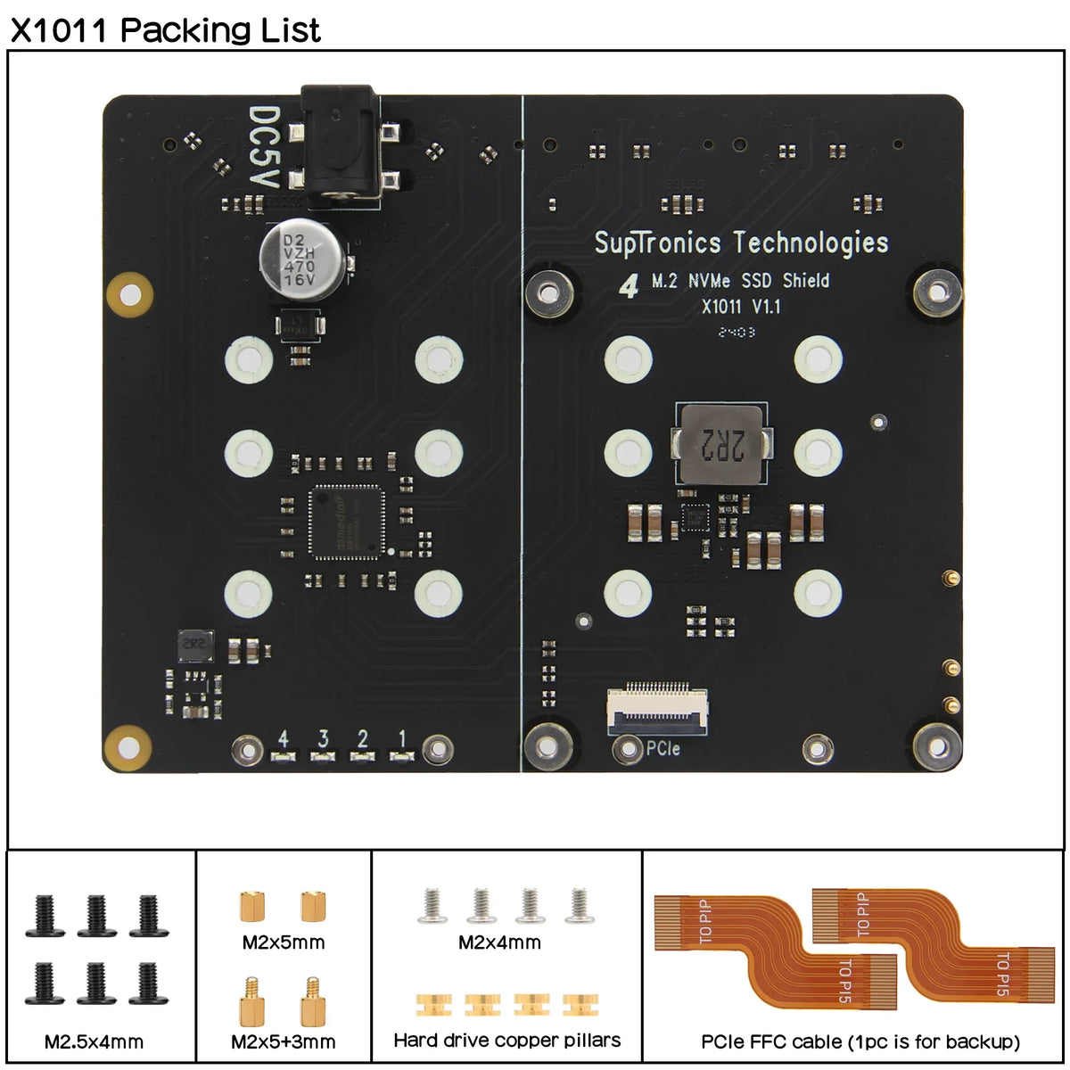 X1011 PCIe to NVMe Shield support four M.2 NVMe SSDs for Raspberry Pi 5