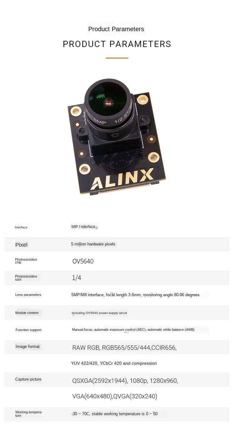 alinx 5 Million Pixels MIPI Photography Camera OV5640 Supporting FPGA Black and Golden Development Board Module AN5641Custom PCB