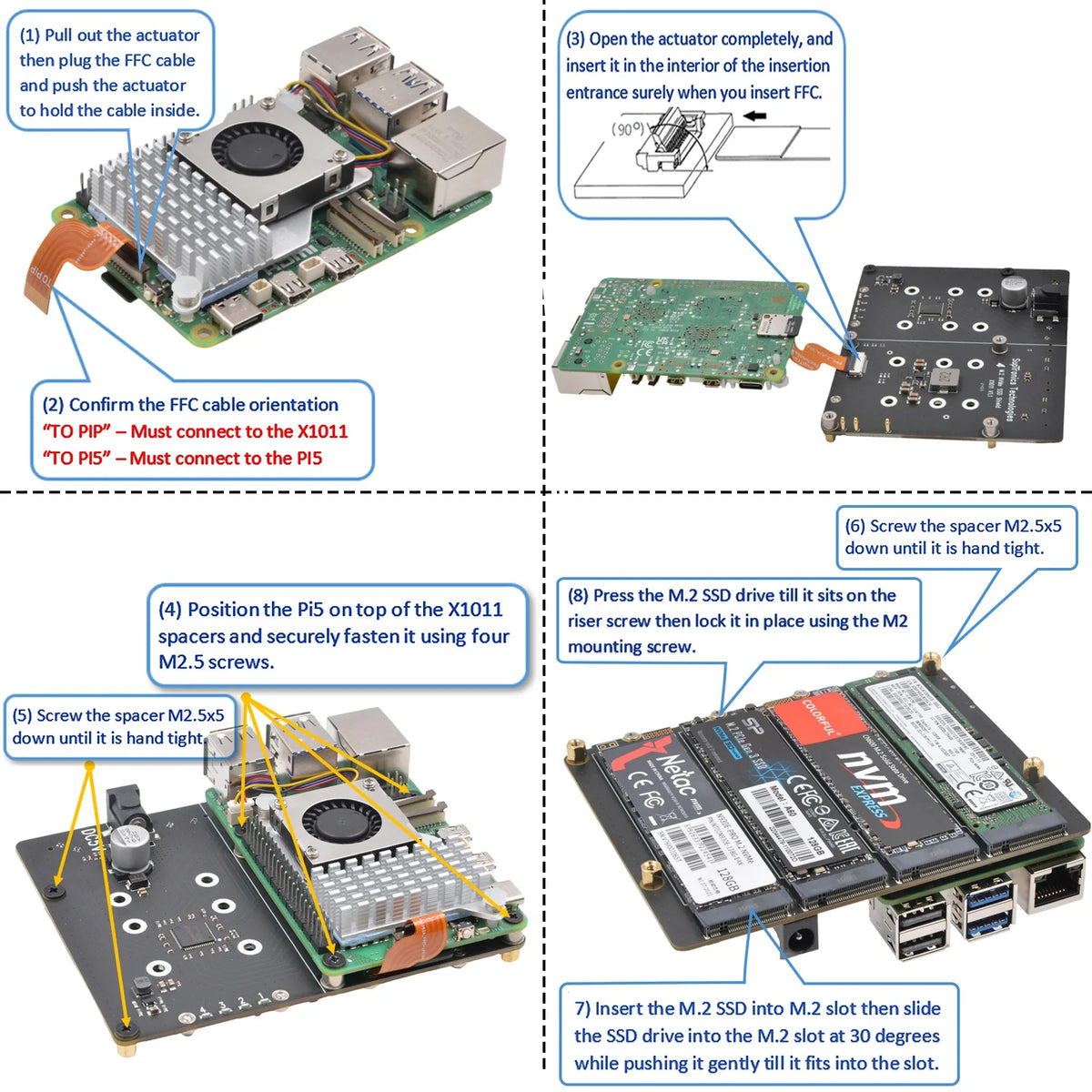 X1011 PCIe to NVMe Shield support four M.2 NVMe SSDs for Raspberry Pi 5