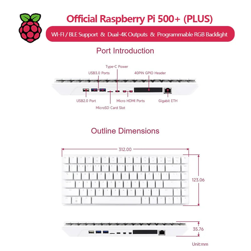 Original Raspberry Pi 500 / 500+ with Dual 4K Outputs Wi-Fi/ Support Programmable RGB Backlight Desktop Use