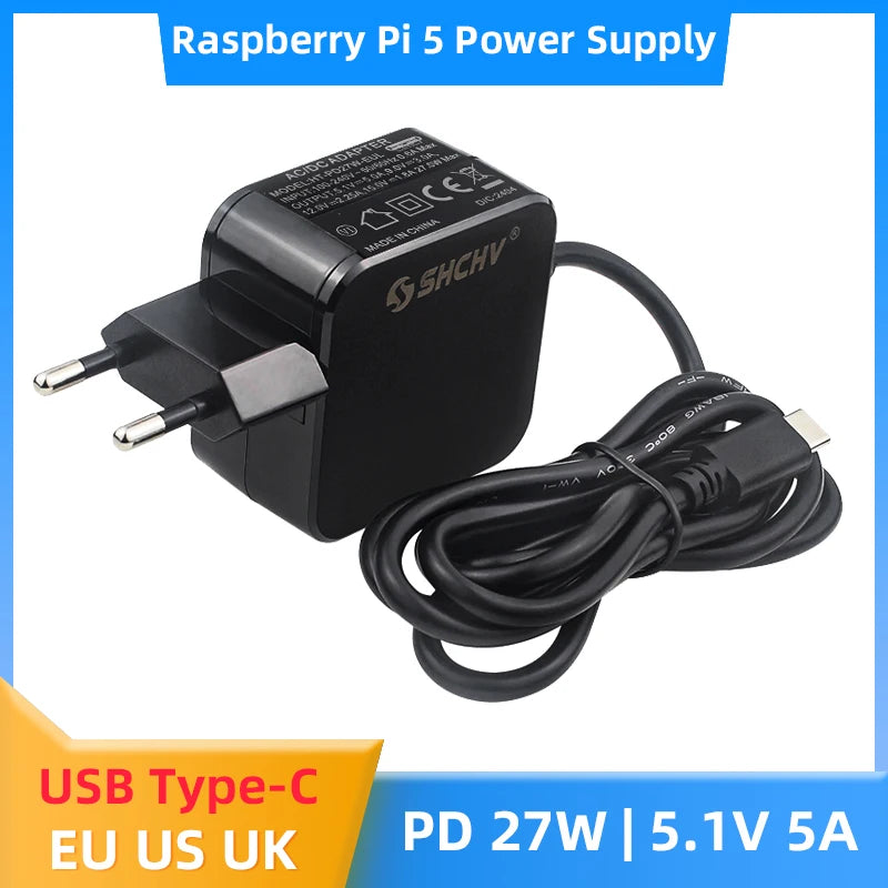Raspberry Pi 5 Power Supply PD 27W 5.1V 5A USB-C Power Adapter EU/US/UK Plug for Raspberry Pi 5 Orange Pi 5 Pro/Max/Ultra/4A