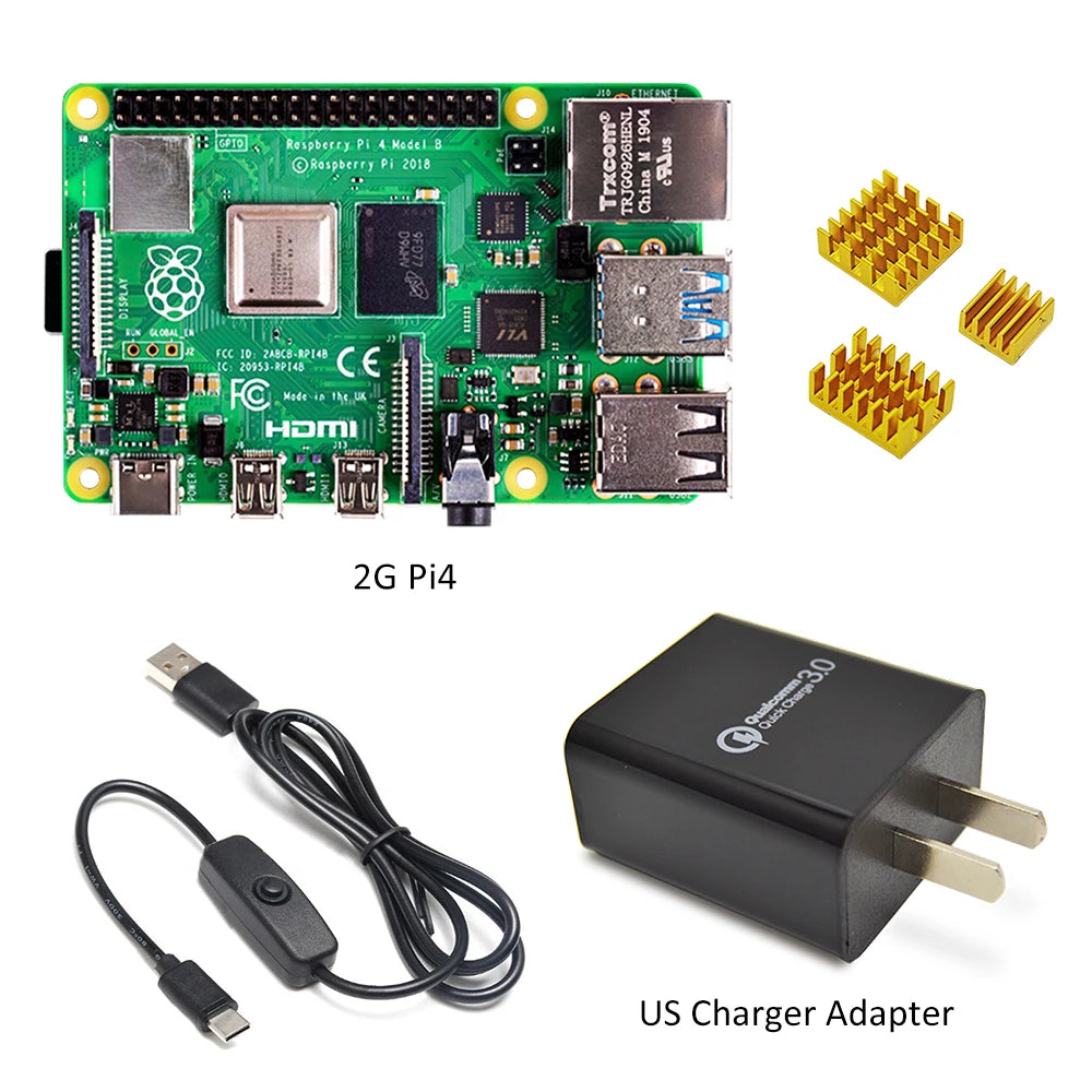 Custom Raspberry Pi 4 Model B kit Basic Starter Kit in stock with power switch line type-c interface EU/US Charger Adapter and heatsink Manufacturer