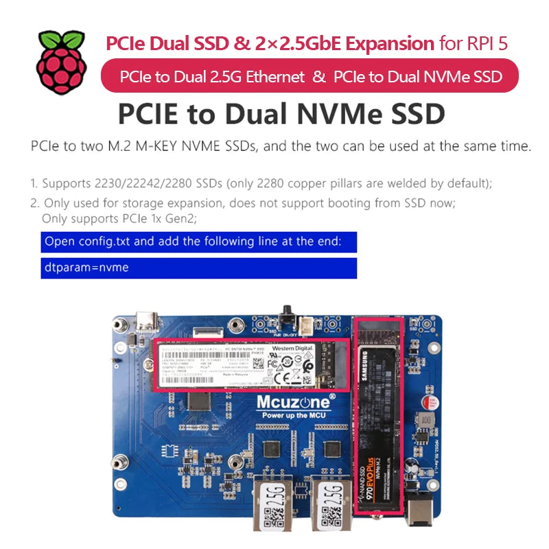 (Model MPSD2.5GD) Raspberry Pi 5 PCIe to Dual NVMe SSD Dual 2.5G Ethernet Expansion Board BOOTS Without Driver Required