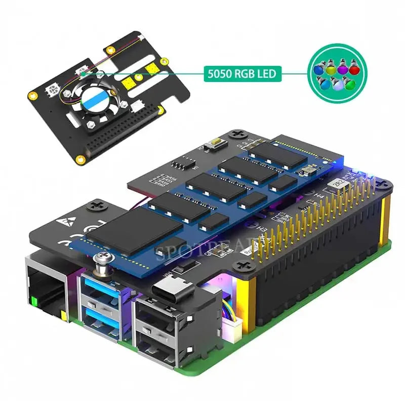 Raspberry Pi 5 PCIe to M.2 SSD Interface HAT NVMe 2280-2242 2230 3in1 Board with Fan Automatic Discoloration LED
