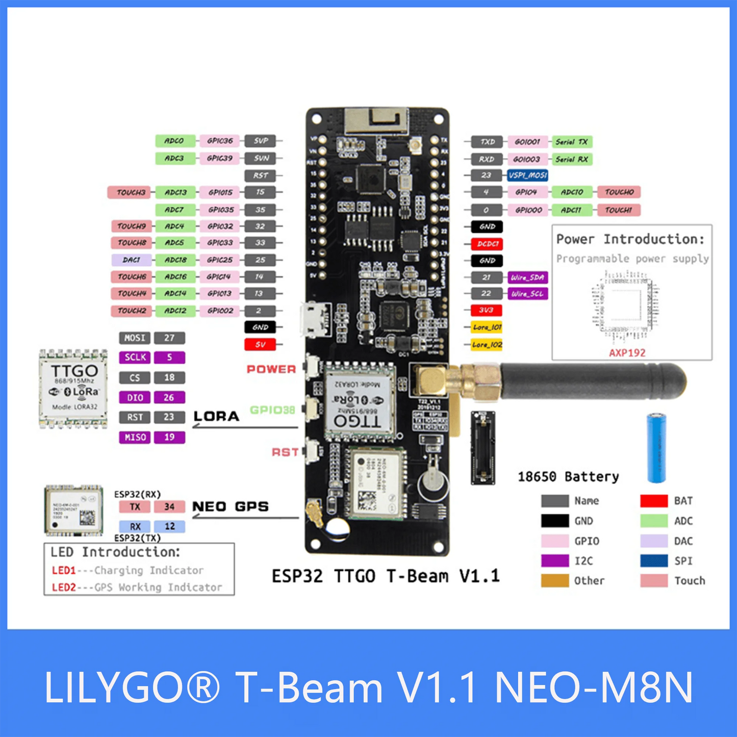 Custom TTGO T-Beam V1.1 ESP32 LORA 433/868/915/923MHZ WiFi Wireless BT Module GPS NEO-M8N IPEX 18650 Battery Holder Manufacturer