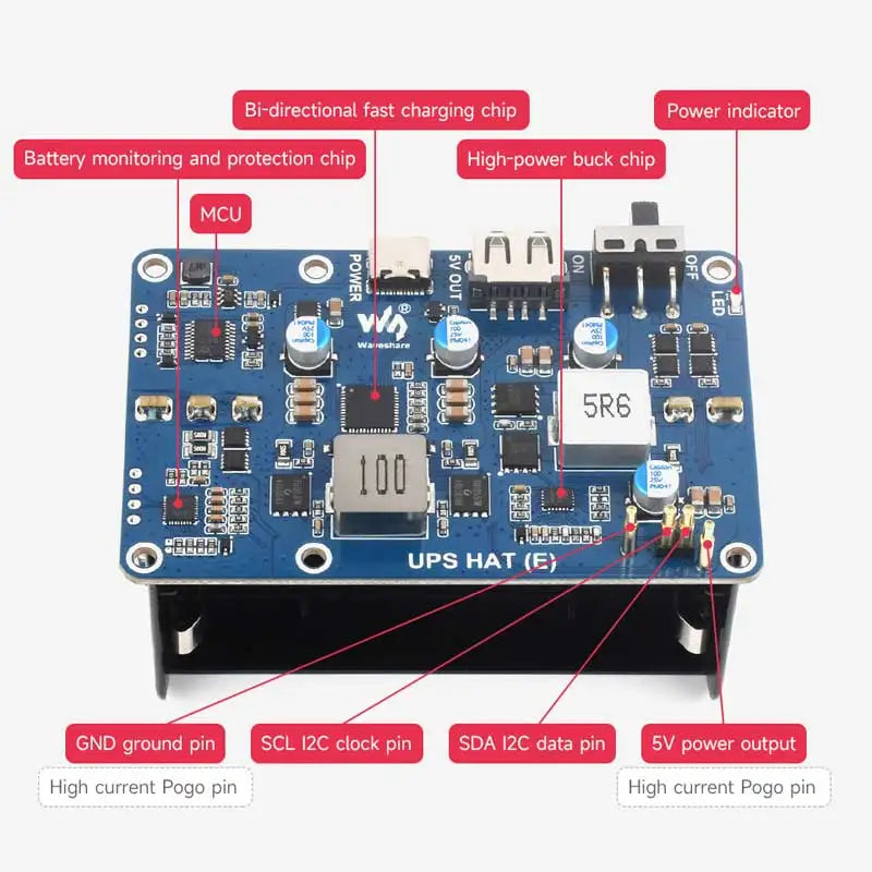 Custom Raspberry Pi 5 UPS HAT (E) Extension Board 5V 6A Output Uninterruptible Power Supply Supports 21700 Li Batteries