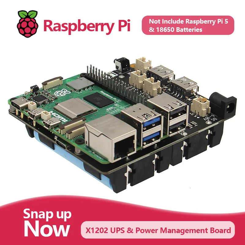 Custom X1202 Extension Board UPS & Power Management Board with 4 Cell 18650 Battery Holder for Raspberry Pi 5