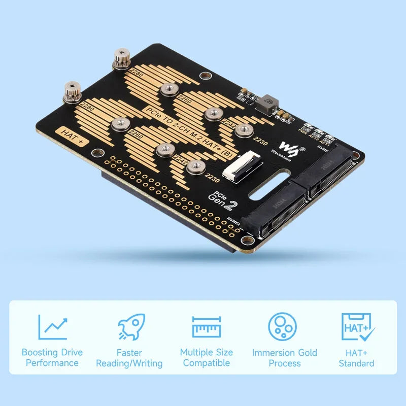 Custom Raspberry Pi 5 PCIe to 2CH M.2 NVMe SSD Adapter Board HAT (B) Pi5-PCIe-2280-2242-2230