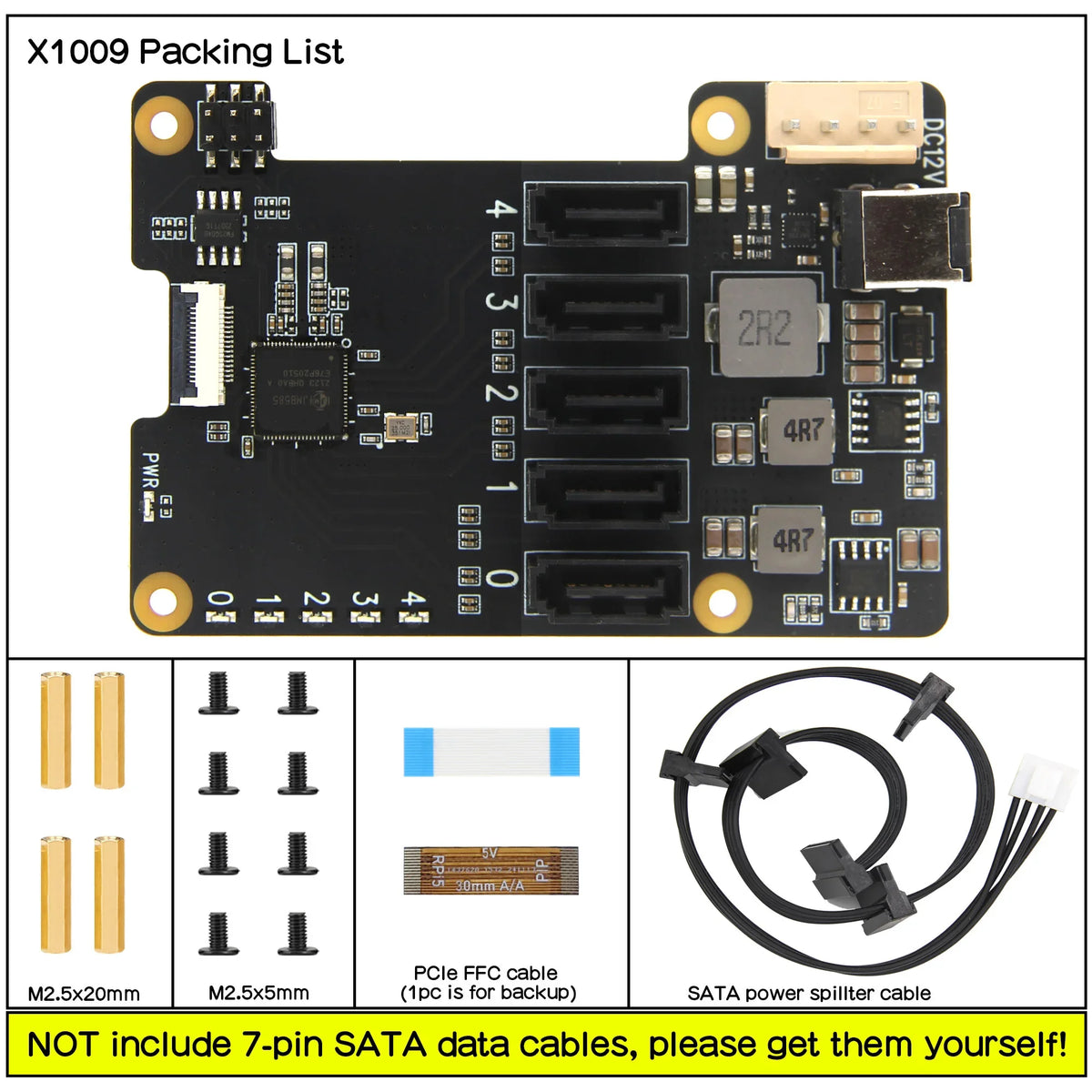 X1009 PCIe to 5-Port SATA Shield for Raspberry Pi 5 (NOT Support Boot From HDD/SSD)
