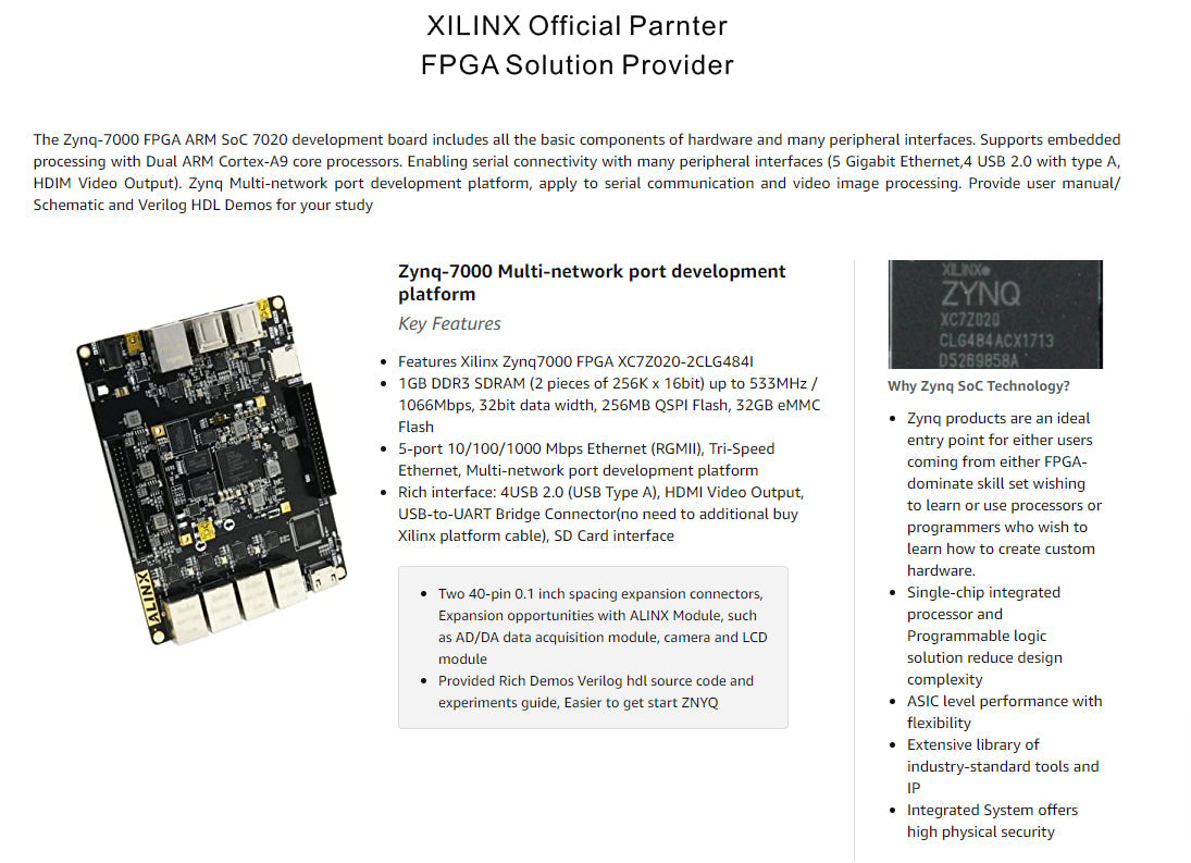 AX7021 Brand Zynq-7000 Artix-7 FPGA SoC Zynq XC7Z020 Development Board 32G EMMC 5 Ports Ethernet