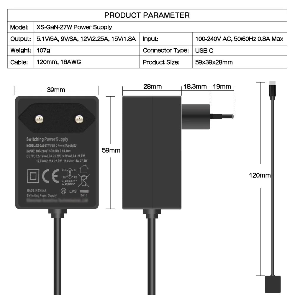 GaN PD 27W USB-C Power Supply,Type C Power Adapter for Raspberry Pi 5