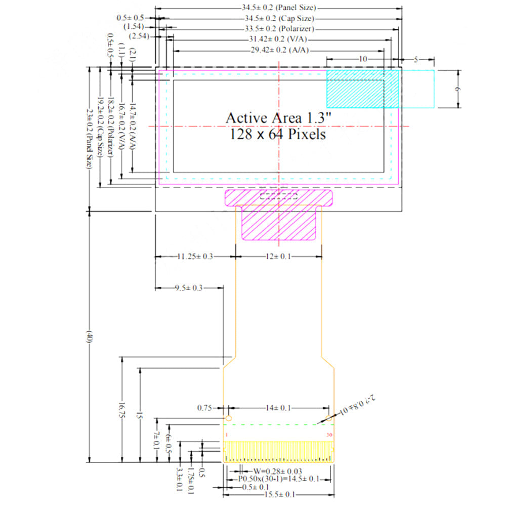 LONTEN 1.3 inch OLED screen display 128*64 SPI/IIC interface SH1106 driver white screen 30pin FPC screens Custom