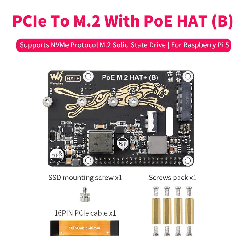 Raspberry Pi 5 PCIe M.2 PoE HAT (B) with NVMe Gen3 Support for High-speed Read/Write SSD