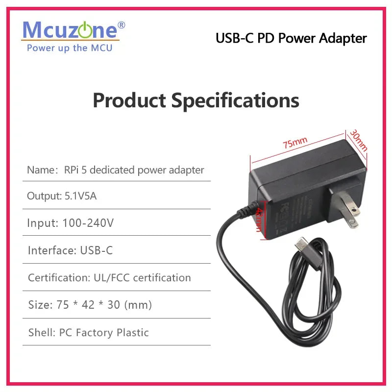Raspberry Pi 5 USB-C PD Power Adapter Supports PD Power Protocol  |  27W USB-C Port Custom
