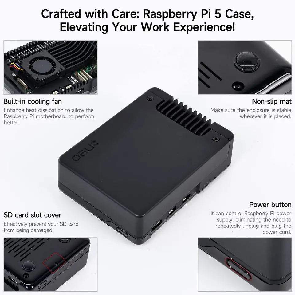 Raspberry Pi 5 Aluminum Alloy Case with Built-in 30mm PWM Cooling Fan Exhaust Vent M.2 Support