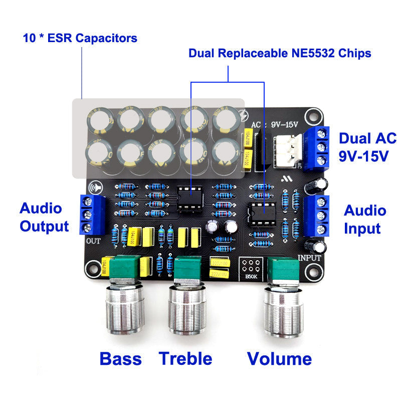 Dual NE5532 Tone Preamplifier Board Audio Equalizer Preamp Treble Bass Tone Control Pre amplifier pcb assembly