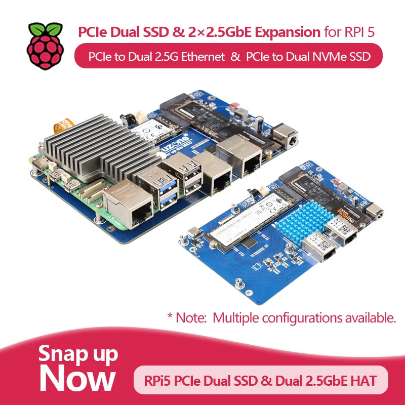 (Model MPSD2.5GD) Raspberry Pi 5 PCIe to Dual NVMe SSD Dual 2.5G Ethernet Expansion Board BOOTS Without Driver Required