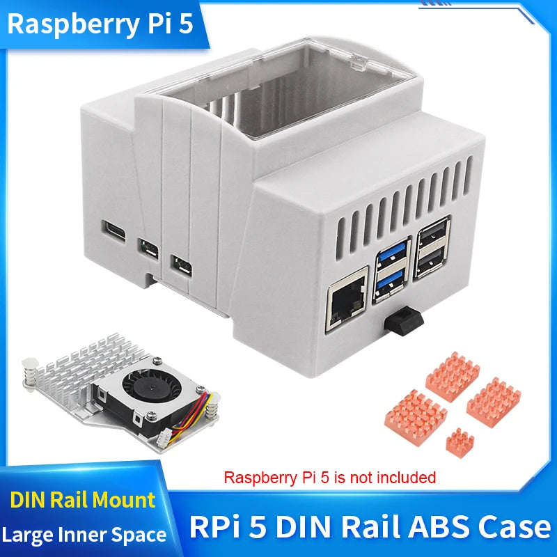 Raspberry Pi 5 ABS Case DIN Rail Large Inner Space Clear Windows Protection Box Optional Heatsinks Active Cooler