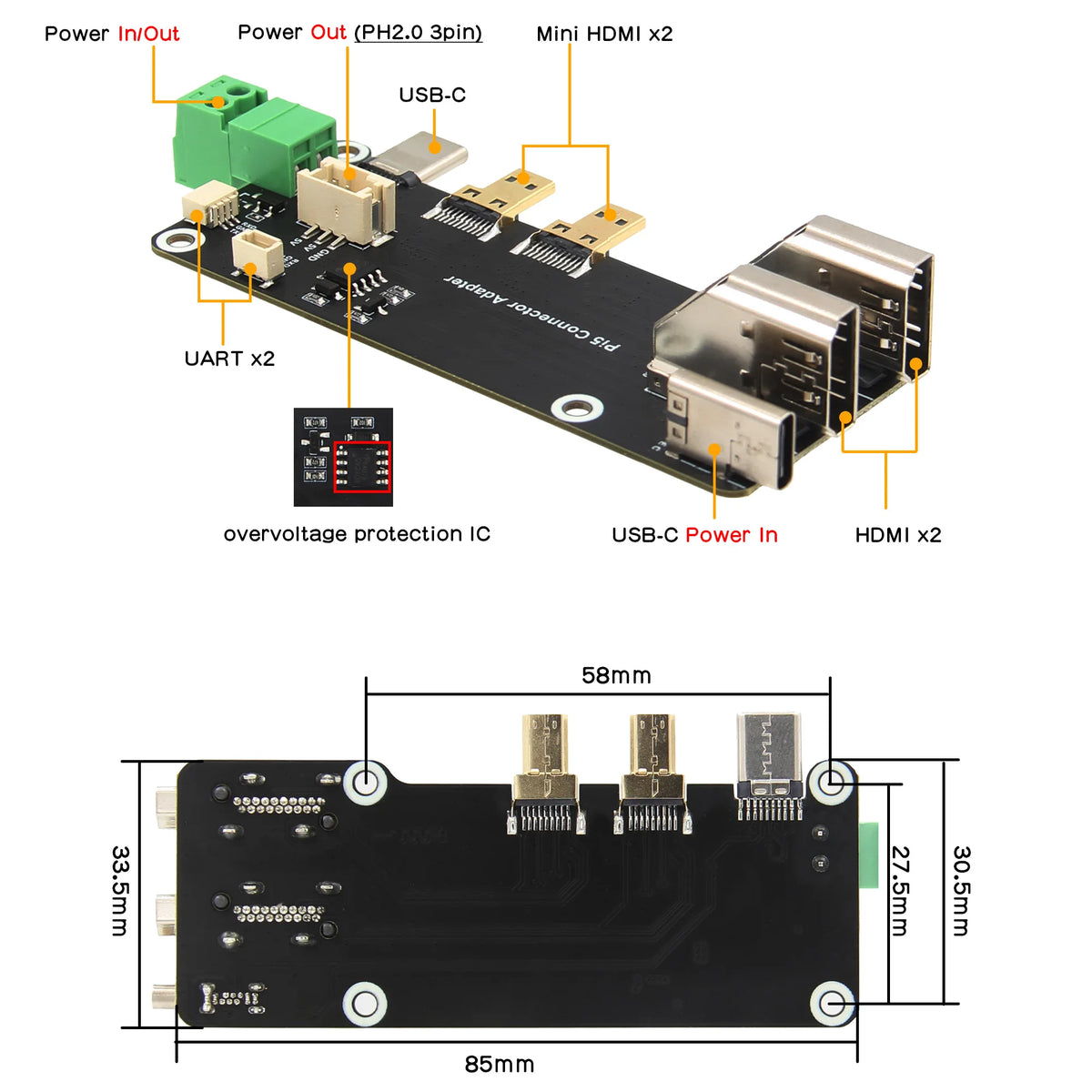 Micro HD to HD Multifunctional Adapter, Compatible with Raspberry Pi 5 / 4B, Two Power Supply Methods, Supports Dual 4K Outp