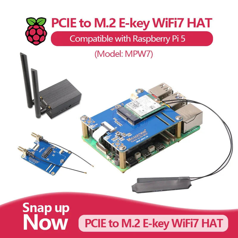 (ModelMPW7) PCIe WiFi7 Expansion Board for Raspberry Pi 5 Supports BE200/WiFi6E AX210/AX200 Compatible Google TPU for Education
