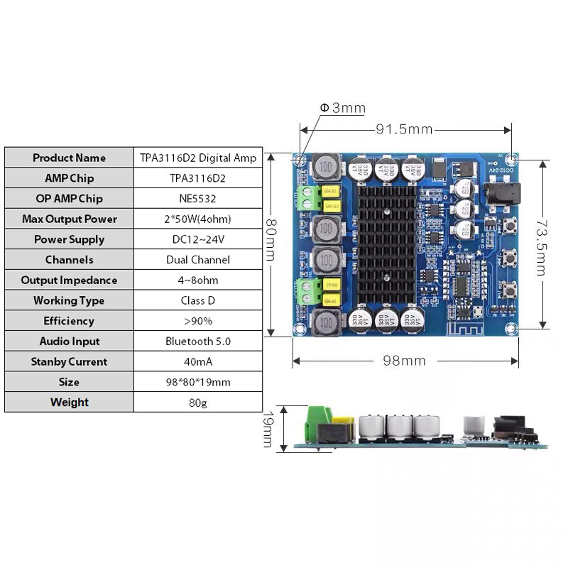 2*50W 5.0 TPA3116D2 NE5532 Preamplifier Power Amplifier Board Preamp Stereo Dual Channel TPA3116 Audio Stereo Amp Customize