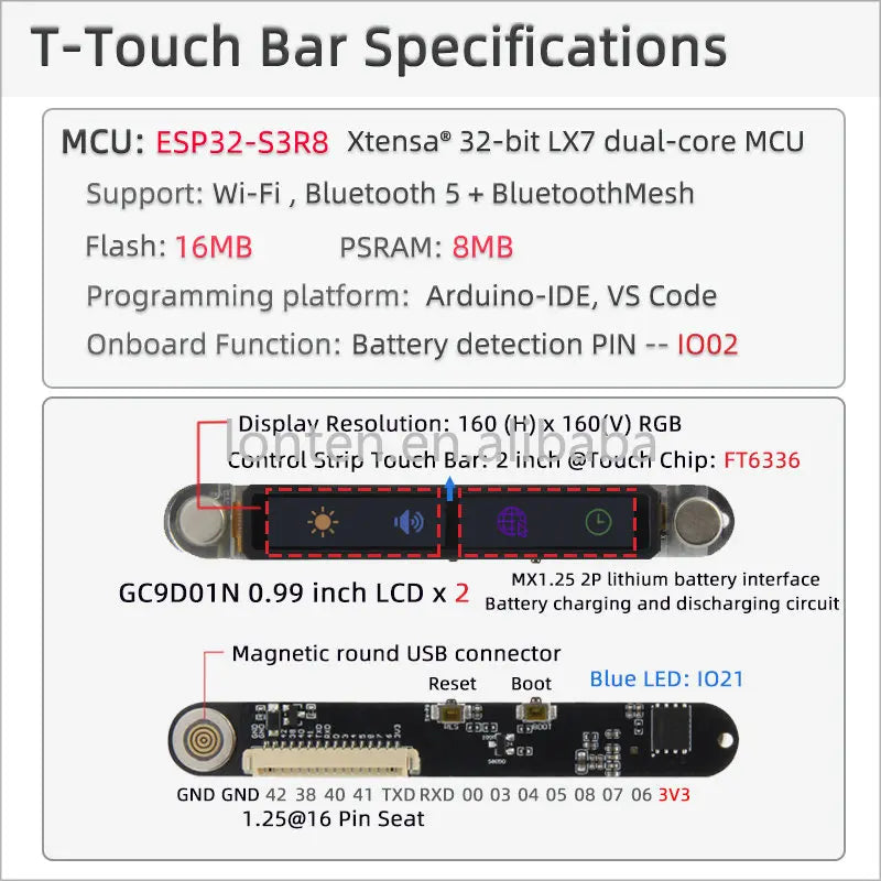 Custom T-Touch Bar ESP32-S3 Touch Display Bar Development Board ESP32-S3R8 WiFi BT Module Magnetic Round USB Connector Manufacturer