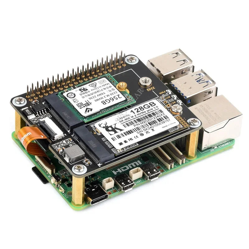 Custom Raspberry Pi 5 PCIe to M.2 NVMe Dual SSD Extension Board HAT+ with Boot From NVMe SSD Support