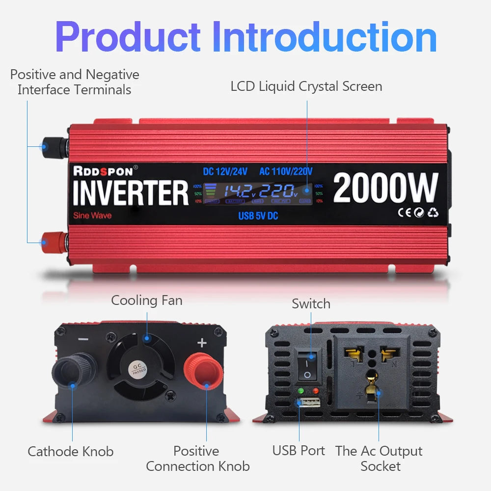 Custom 2000W1000W600W Sine Wave Inverter DC12V 24V Universal to AC 110V220V LED Car Inverter Transformer Power Converter Solar Inverter Manufacturer