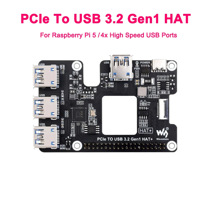Custom PCIe To USB 3.2 Gen1 HAT for Raspberry Pi 5 PCIe to USB HUB 4x High Speed USB Ports Plug and Play HAT+ for RPI 5