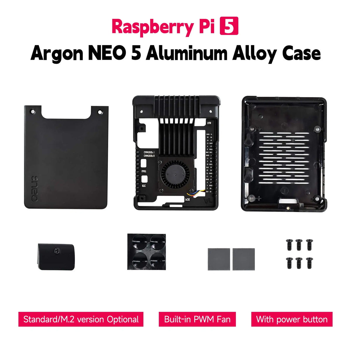 Raspberry Pi 5 Argon NEO 5 Aluminum Case Built-in PWM Fan Side Exhaust Vent Cooling Shell M.2 Support Solid State