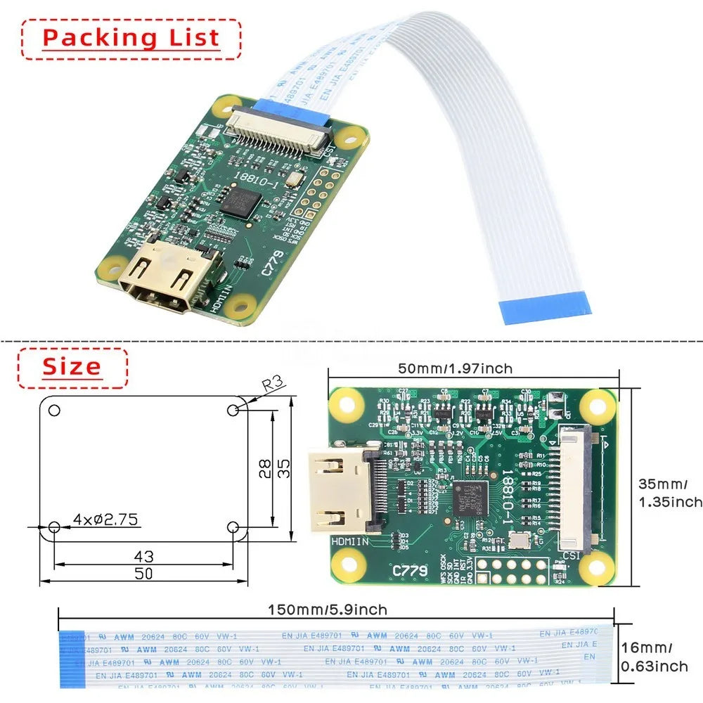 Custom CSI-2 Adapter Board C779 with 15 pin FFC cable for     Pi 5B/4B/3B+/3B/2B/Zero