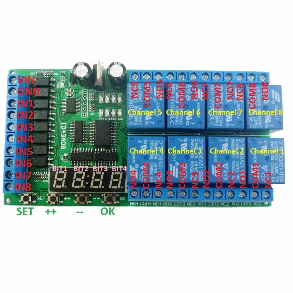 Custom OEM DC 12V 8 Channels Multifunction Timer Delay Relay Board Time Switch Timing Loop Interlock Self-locking Momentary Bistable Manufacturer