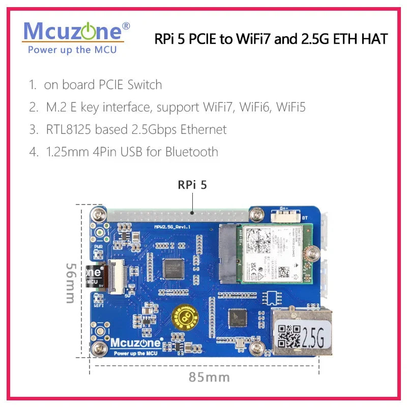 MPW2.5G Raspberry Pi 5 PCIE To WiFi7 and 2.5G ETH HAT,M.2 E Key Interface, Support WiFi7, WiFi6, WiFi5 Custom