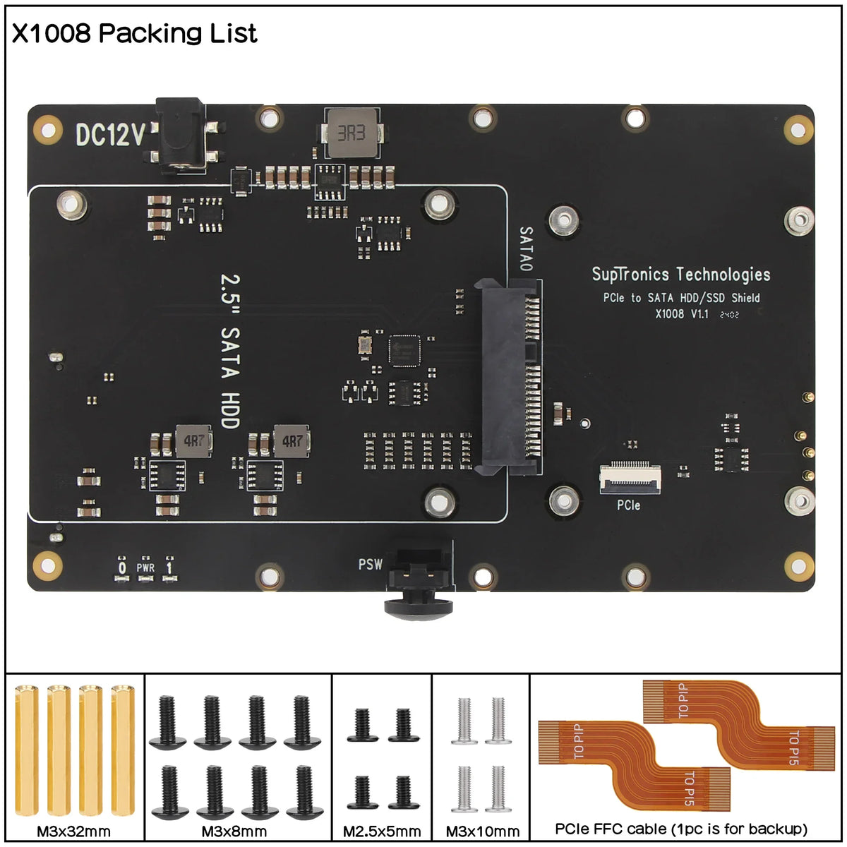 X1008 PCIe to 2.5" SATA HDD/SSD+3.5" SATA HDD Shield for Raspberry Pi 5 (NOT Support Boot from HDD/SSD)