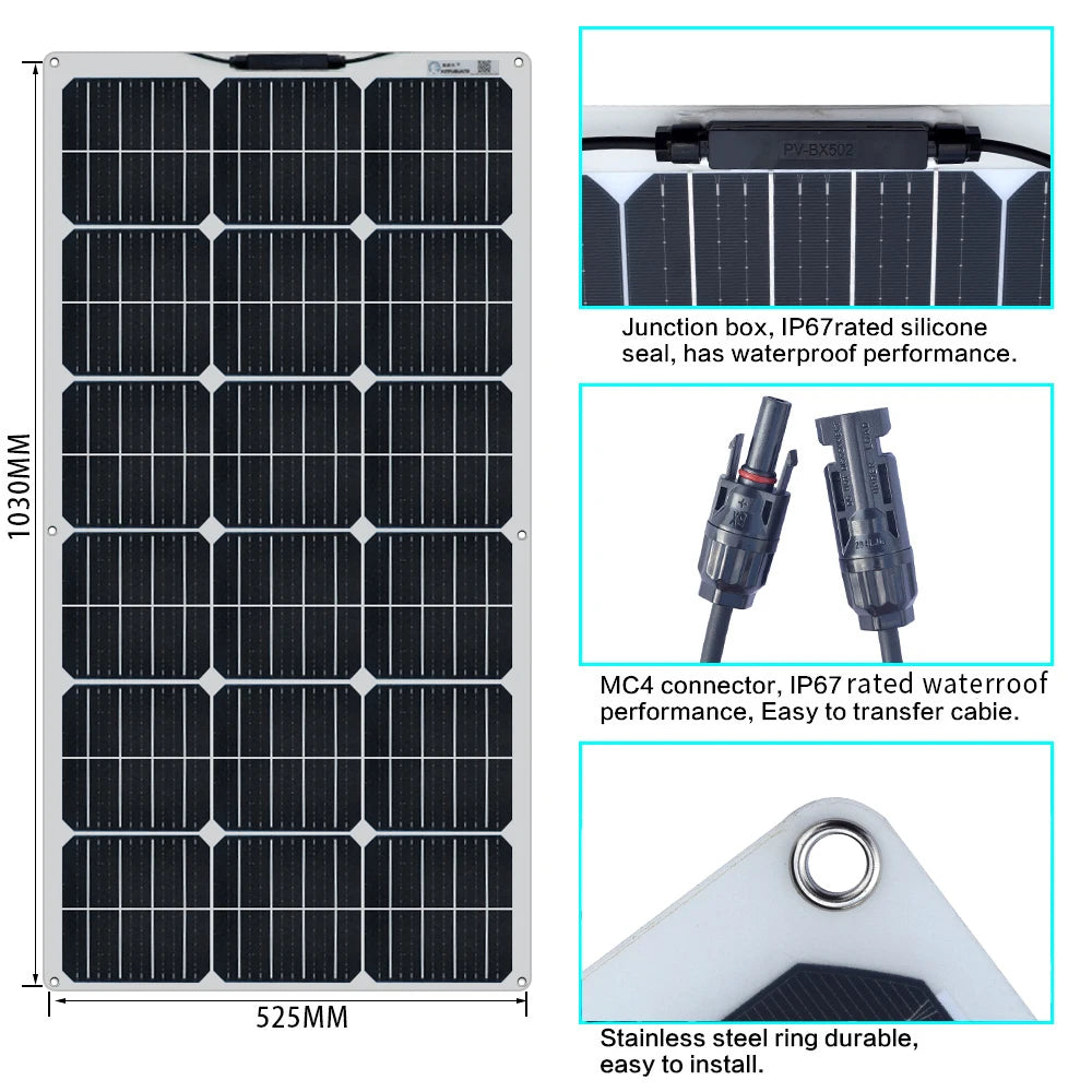 Custom Monocrystalline Solar Panel 18V 100W 200W Solar Panes Kit Off Grid System For Home Roof RV Boat 12V 24V Battery Charger Manufacturer