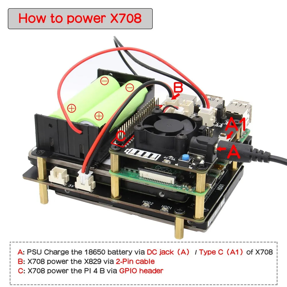 Custom Raspberry Pi X829 Dual 2.5" SATA HDD/SSD Shield + X708 UPS HAT & Power Management Board for Raspberry Pi 4 Model B Manufacturer