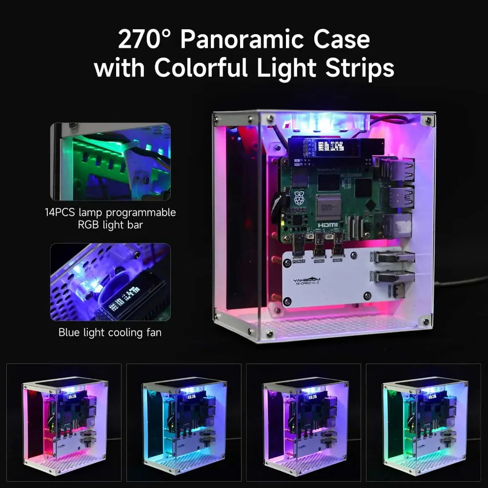 Custom Electronic Shell Supported Raspberry Pi 5 with RGB Cooling Fan 0.96 Screen Display and M.2 SSD RGB Color Light