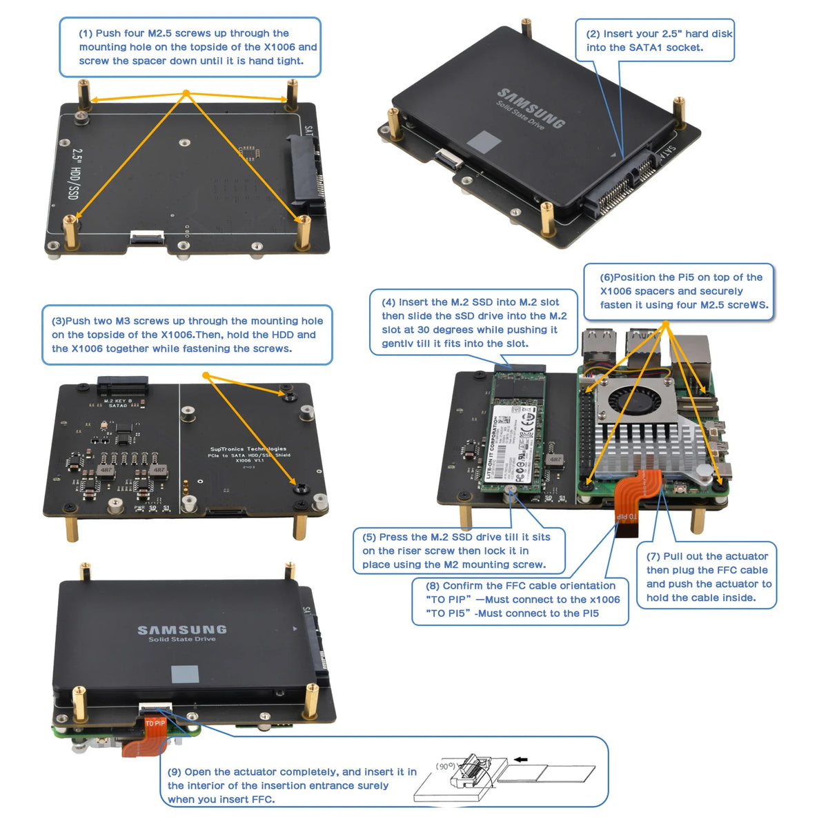 X1006 PCIe to 2.5" SATA SSD/HDD+M.2 2280 SSD Shield for Raspberry Pi 5 (NOT Support Boot From SSD)
