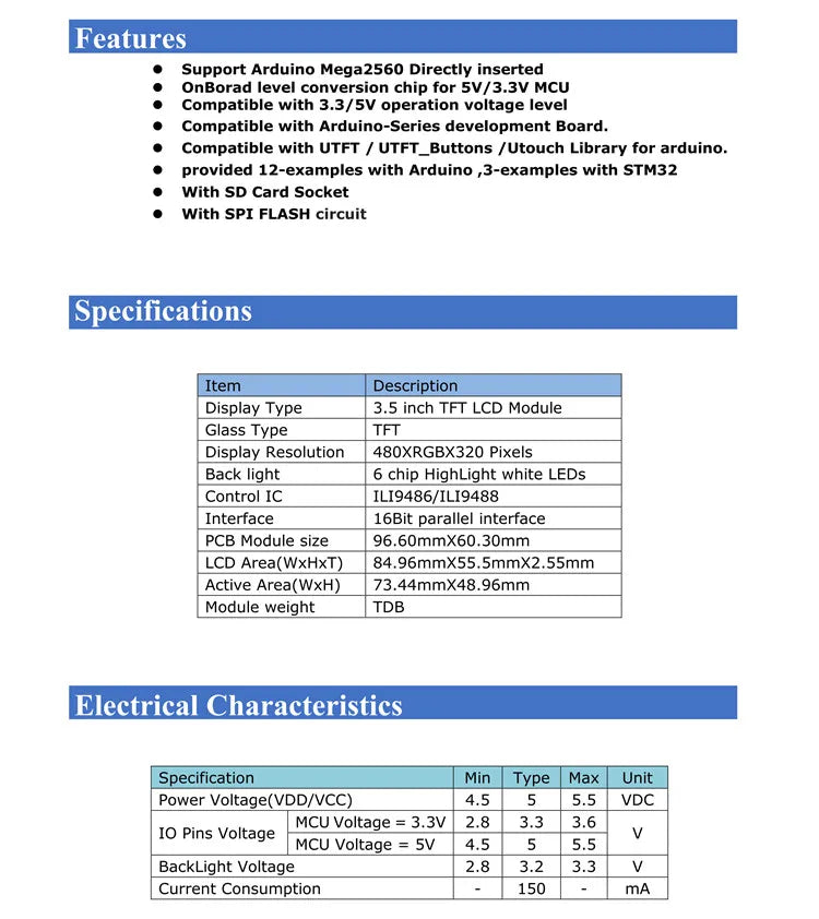 Custom 3.5 inch TFT LCD screen module Ultra HD 320X480 for Arduin0 MEGA 2560 R3 Board Manufacturer