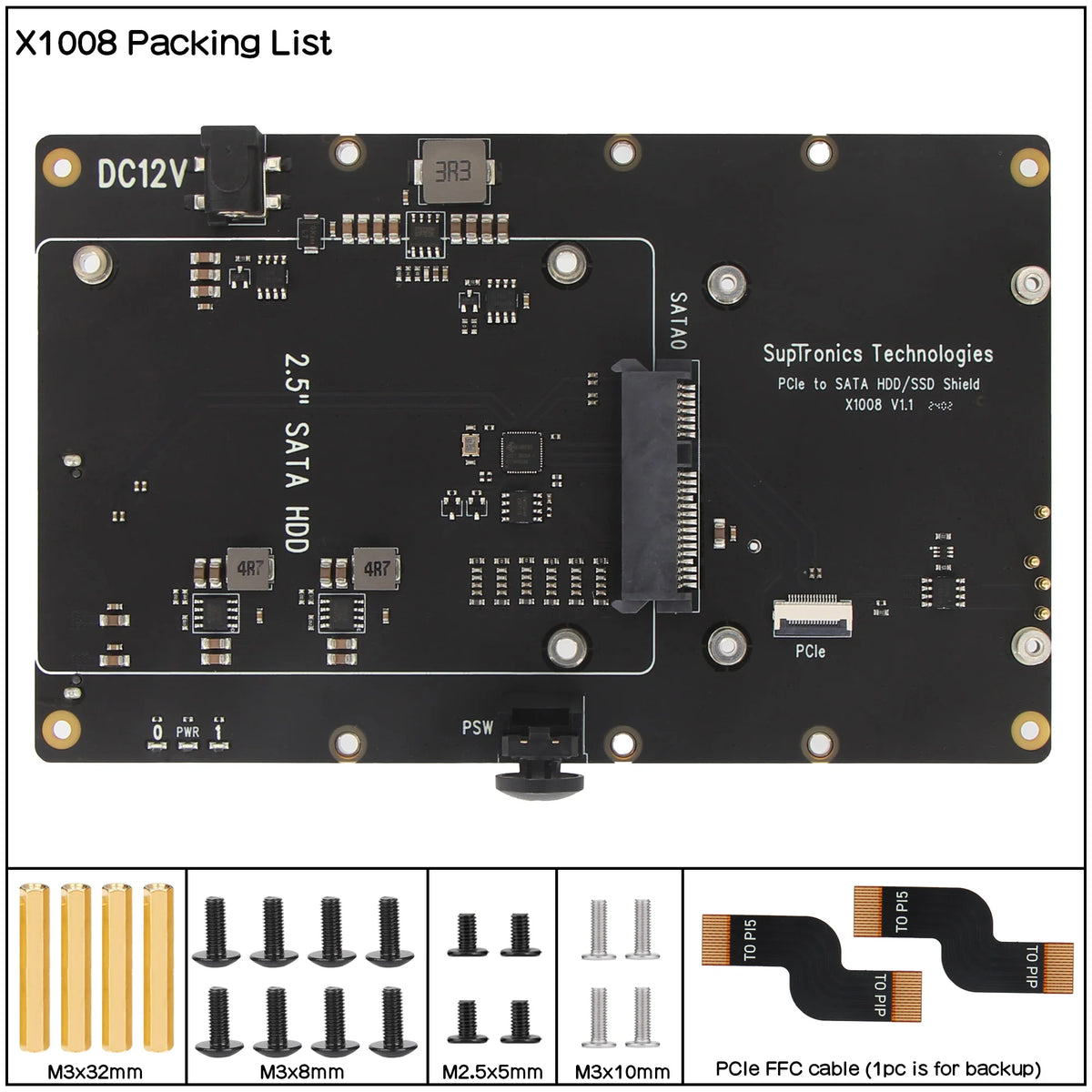 Custom  X1008 PCIe to 2.5" SATA HDD/SSD+3.5" SATA HDD Shield for Raspberry Pi 5 (NOT Support Boot from HDD/SSD)